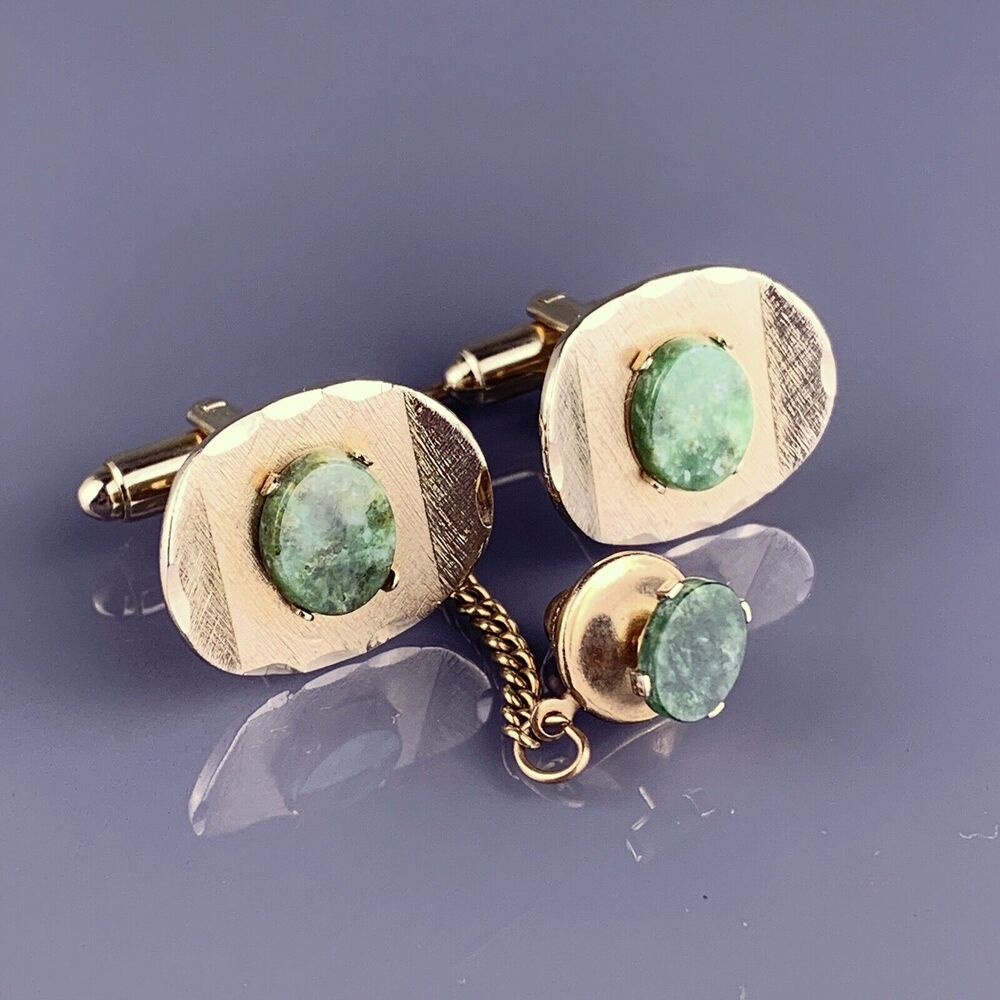 Green Jade Stone Cufflinks Tie Tack Pin Gold Tone Oval Modern Dante Vintage
